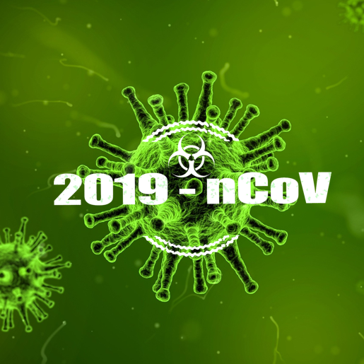Bild von einem Virus in grüner Farbe, mit Schriftzug 