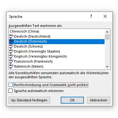 Screenshot zur Rechtschreibprüfung von Microsoft Word