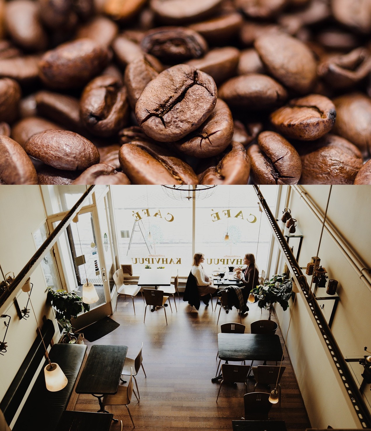 Kaffeebohnen im oberen Bild, im unteren Bild ist ein Café mit zwei Personen von oben abgebildet