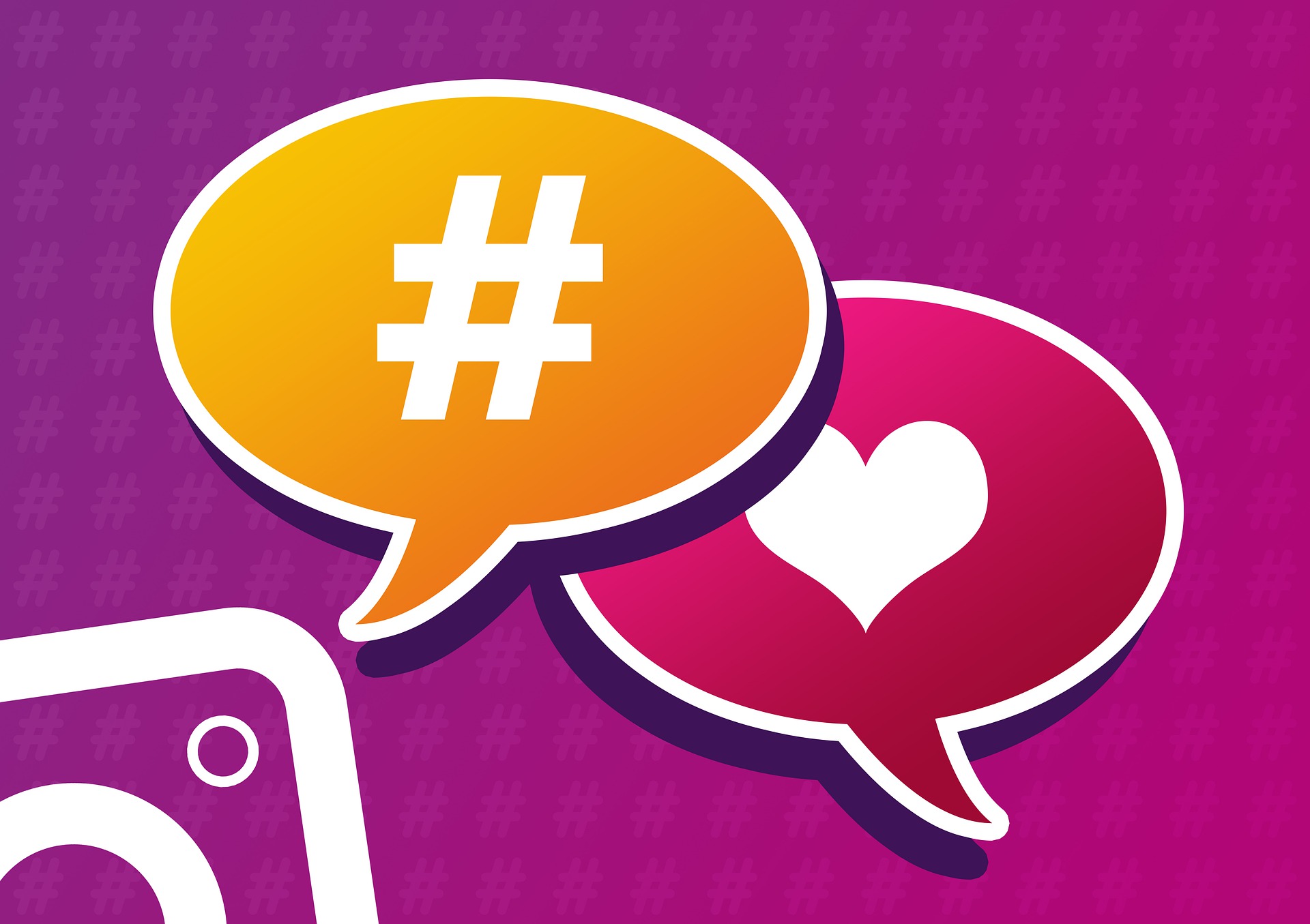 Sprechblase mit Hashtag und Herz sowie Ausschnitt des Instagram-Logos