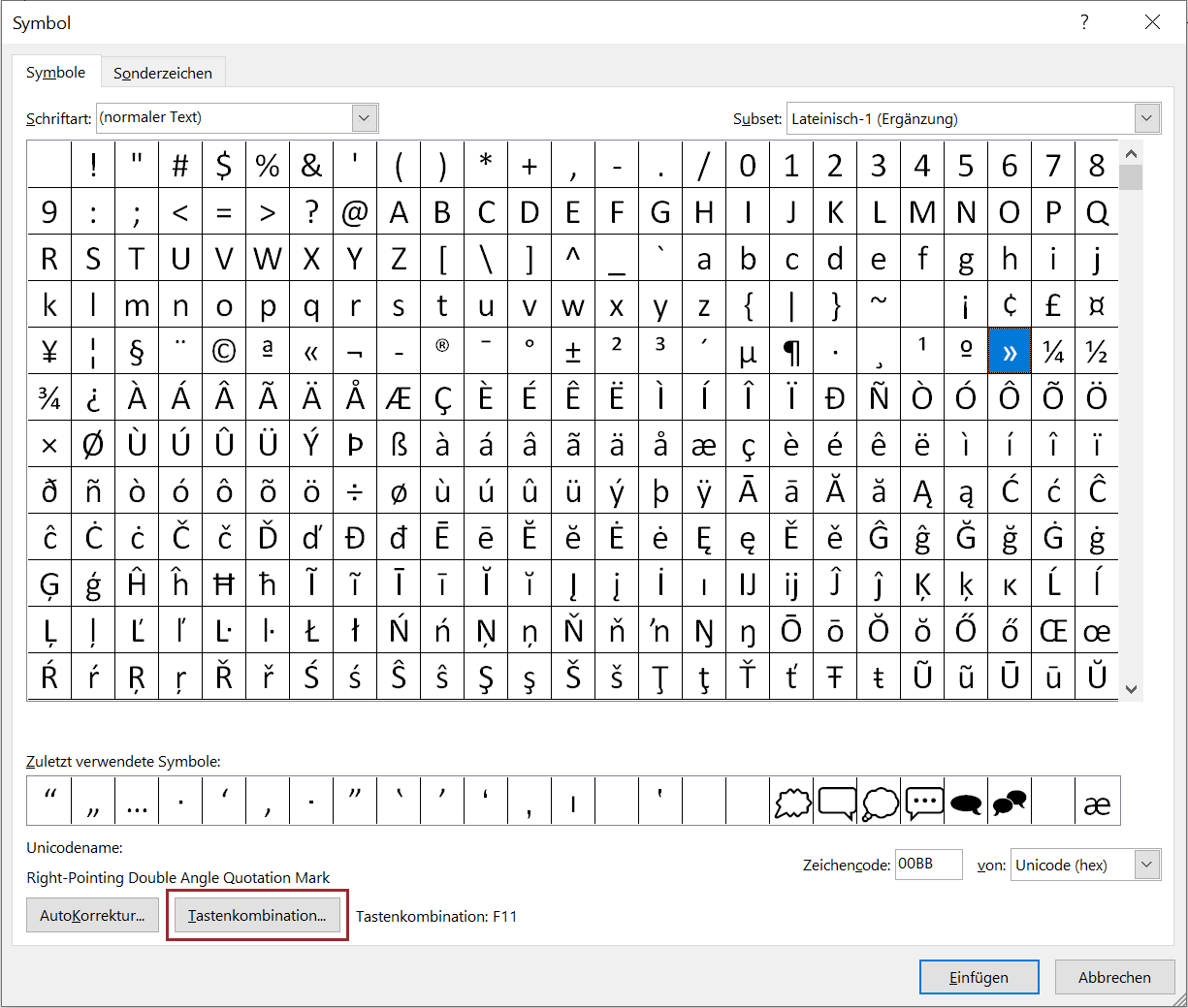 Tastaturkombination: Symbol auswählen und Schaltfläche anklicken